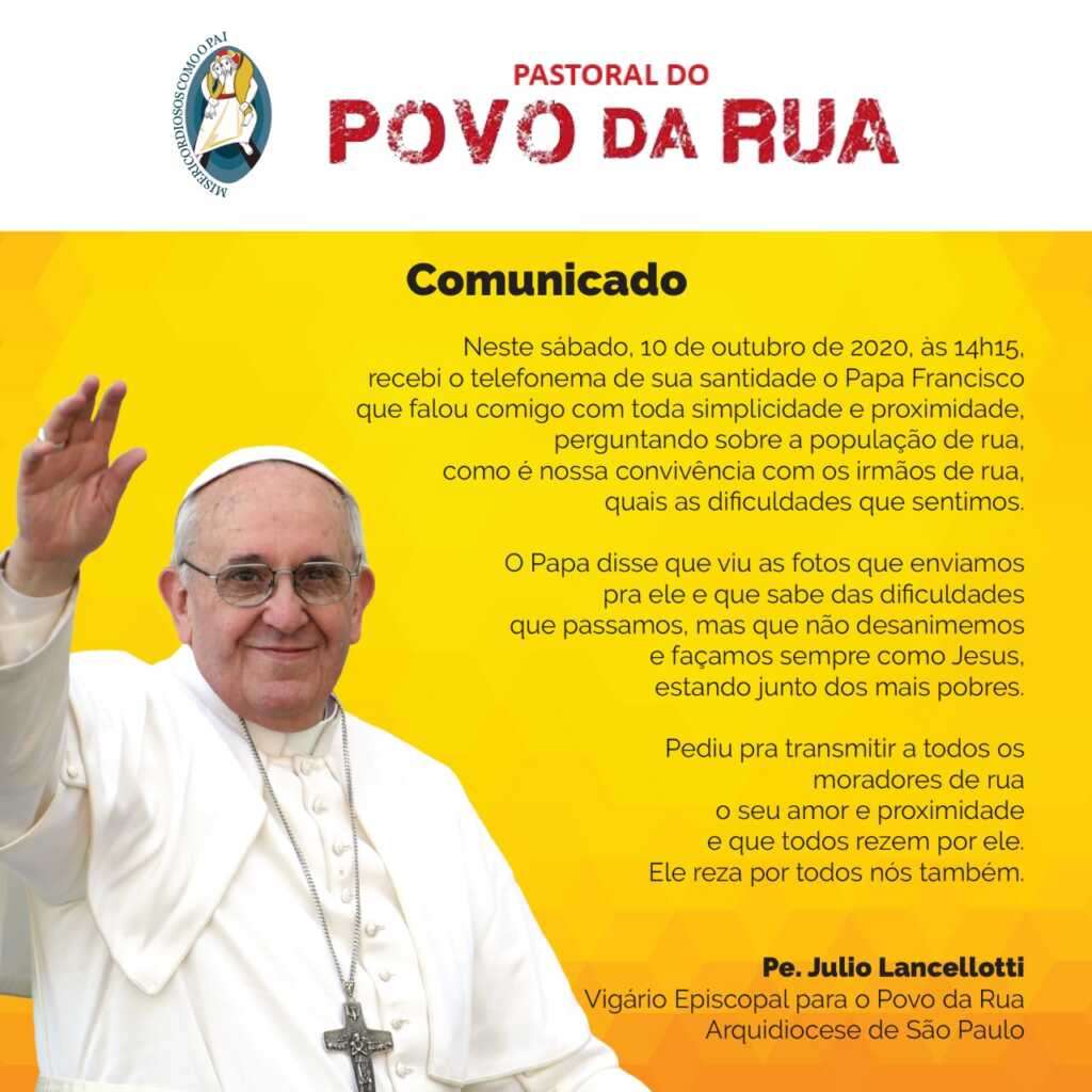 revistapazes.com - Papa  liga para o padre Júlio Lancellotti e externa seu carinho e benção à população de rua