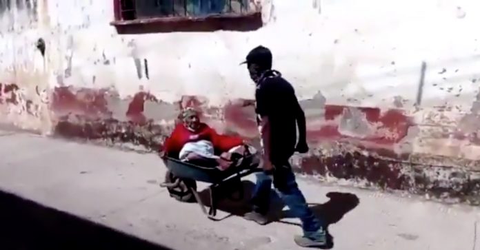 Filho leva sua mãe de 100 anos em um carrinho de mão para vaciná-la
