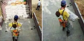 Pai viúvo carrega filho enquanto trabalha em construção