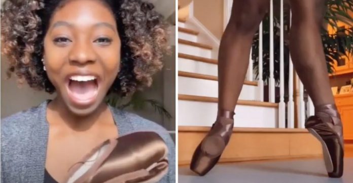 A bailarina comemora recebendo sapatos que combinam com a cor de sua pele. Se sente aceito