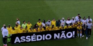 Jogadoras seleção brasileira entram em campo e dão o recado: ‘assédio não’