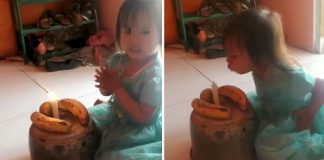 Menina completa 3 anos e comemora feliz com seu “bolo” de aniversário feito de bananas