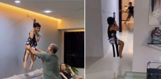 Avô constrói tirolesa na sala de estar de apartamento para entreter o neto; veja o vídeo