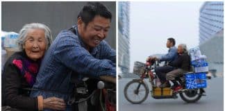 Entregador leva sua mãe de 92 anos para trabalhar com ele para que ele possa cuidar dela