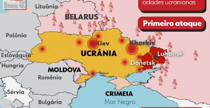 Putin invade Ucrânia. Mapa mostra locais  que foram bombardeados pela Rússia