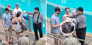 Com sinais, mímico obriga homem a carregar mochila da esposa enquanto ela segurava seu bebê