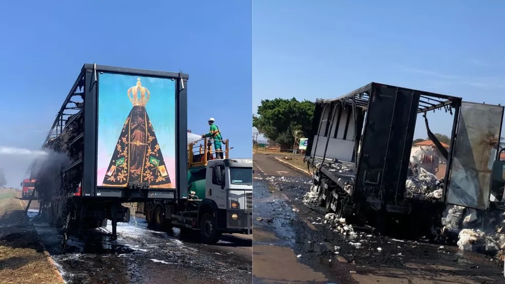 revistapazes.com - Painel de Nossa Senhora Aparecida fica intacto após incêndio destruir carreta de algodão; confira fotos
