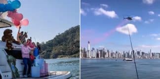 Chá de bebê com lancha e helicóptero em Balneário Camboriú viraliza