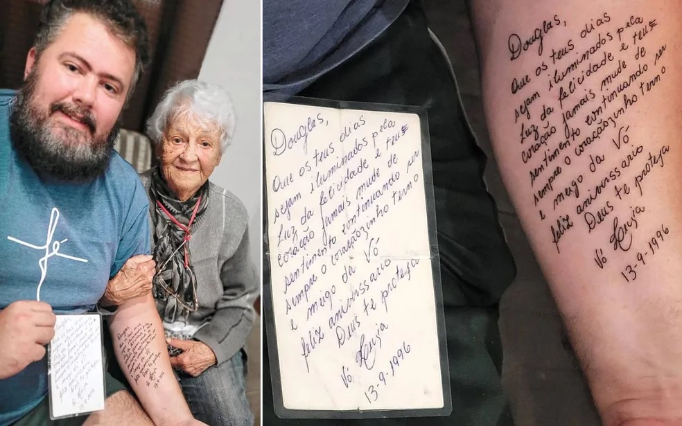 revistapazes.com - Neto tatua mensagem escrita há 26 anos por sua vó em homenagem à ela: 'Guiou minha vida'