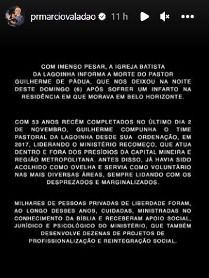 revistapazes.com - Após noticiar a morte do Pastor Guilherme de Pádua com sorriso no rosto, presidente da igreja publica nota de pesar