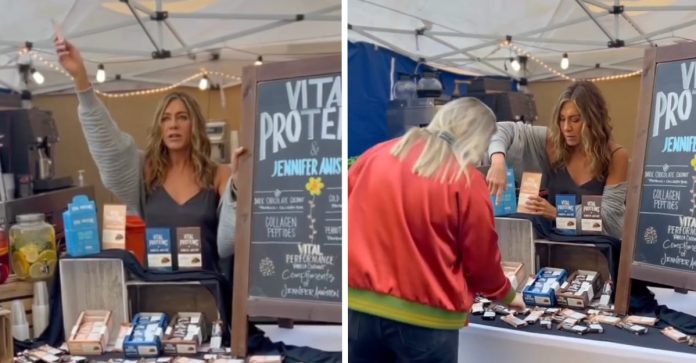 Gente como a gente: Jennifer Aniston é flagrada em banquinha vendendo biscoitos naturais