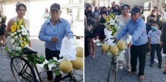 De bicicleta, pai leva filha à igreja no dia de seu casamento