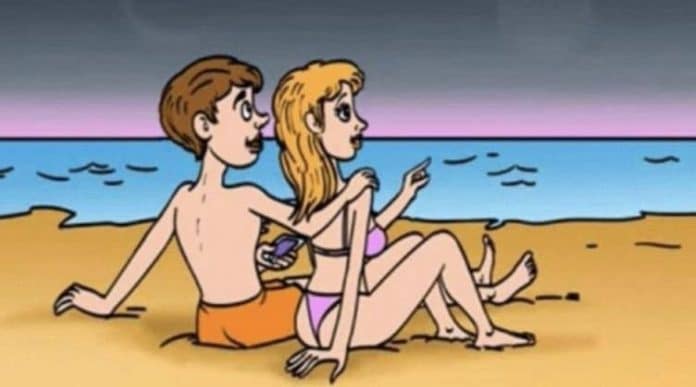 Esta cena de praia parece comum até você notar dois detalhes que não fazem sentido